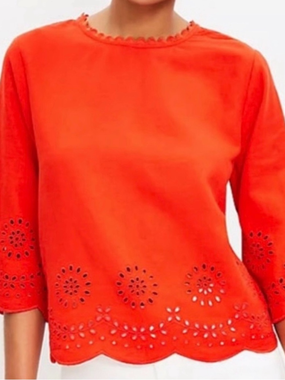 LOFT Orange Eyelet Scallop Hem Blouse